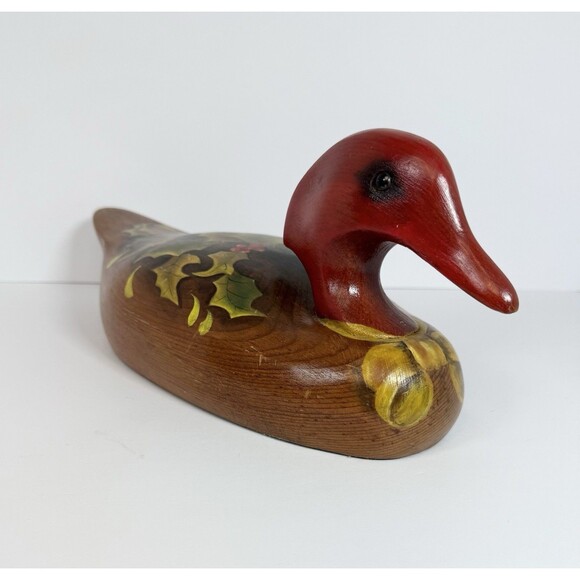 VTG Wooden Duck Decoy Red Headed.‎ Handpainted Holly And Bow.  6”x 16” Aprox. - Picture 2 of 12